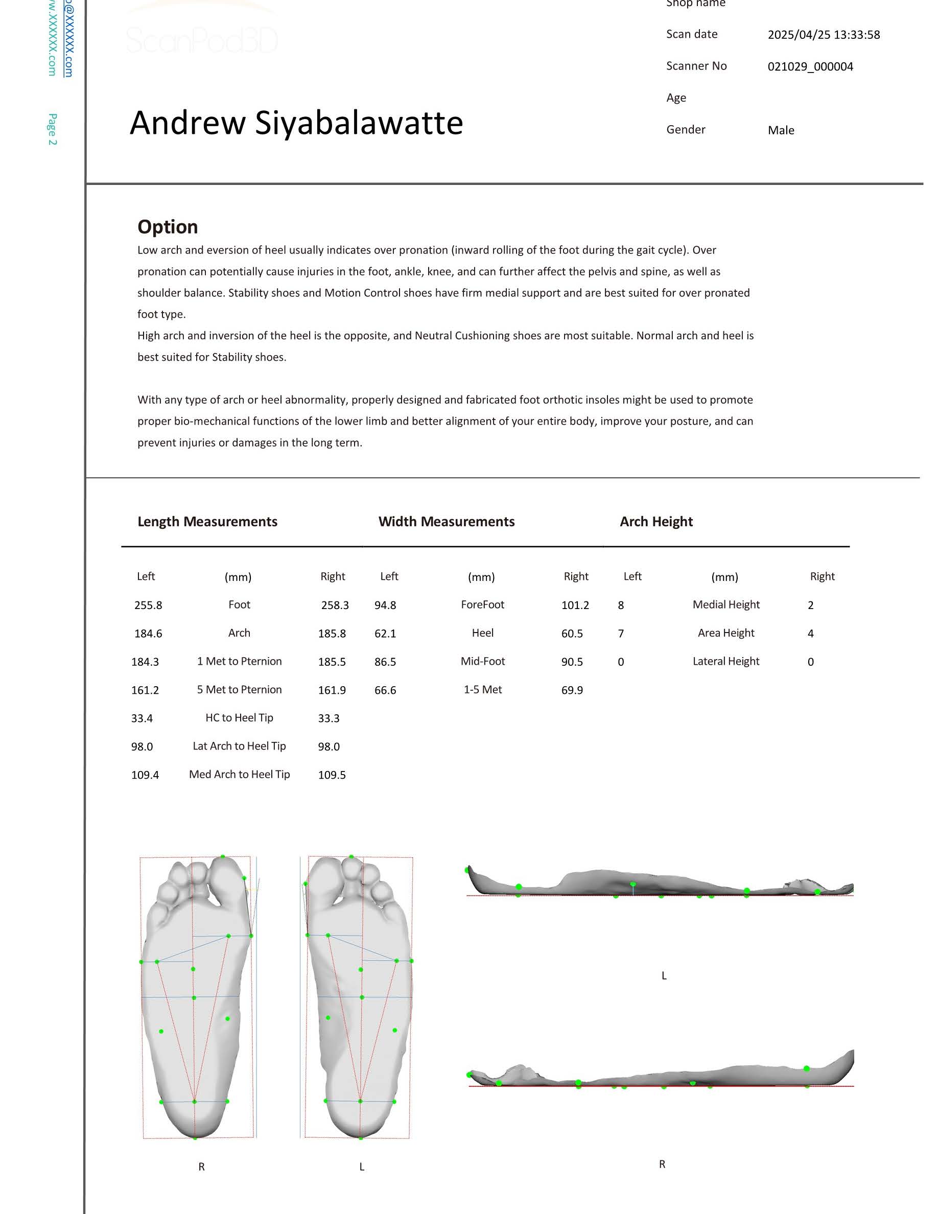 full detailed report from our 3d foot scan